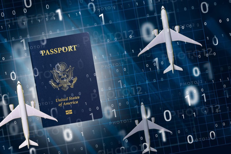 US e-passport with airplanes and binary numbers