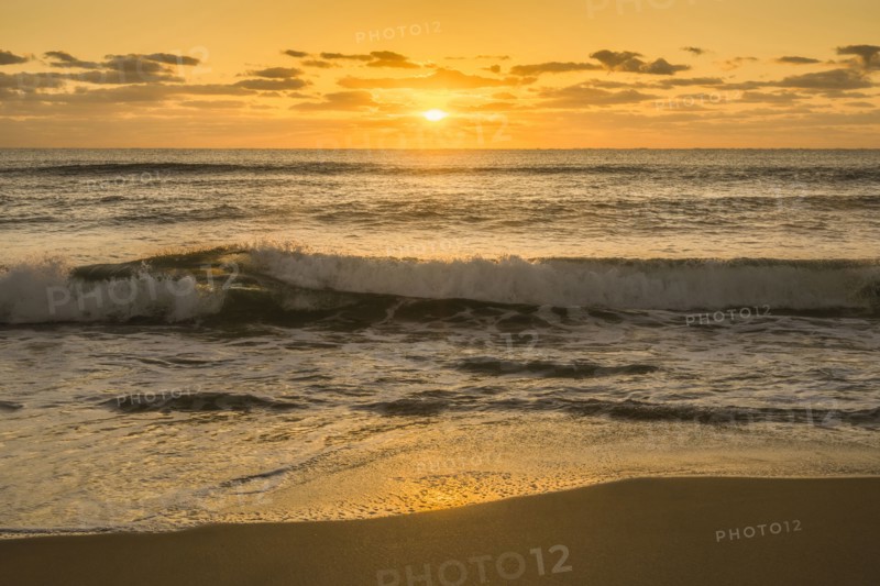 Calm ocean wave breaking onto sandy beach at sunrise