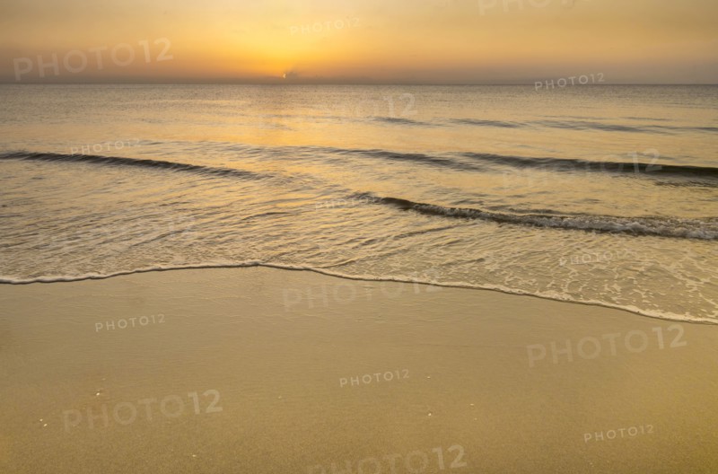 Calm ocean surf washing up onto beach at sunrise