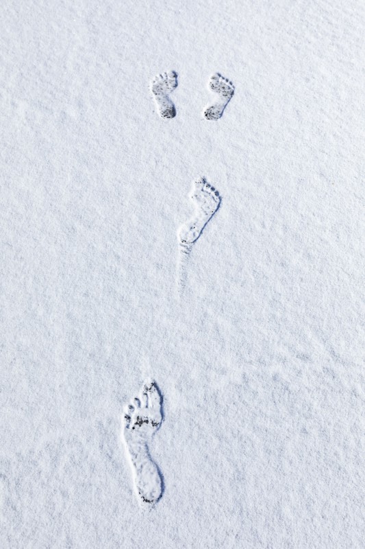 Overhead view of bare footprints in fresh snow