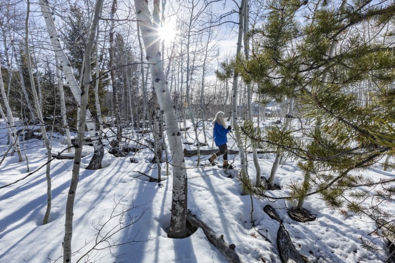 Senior blonde woman snowshoeing in snow covered forest