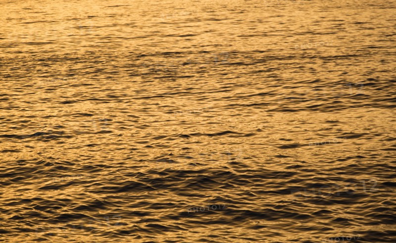 Calm ocean surface reflecting golden light at sunrise