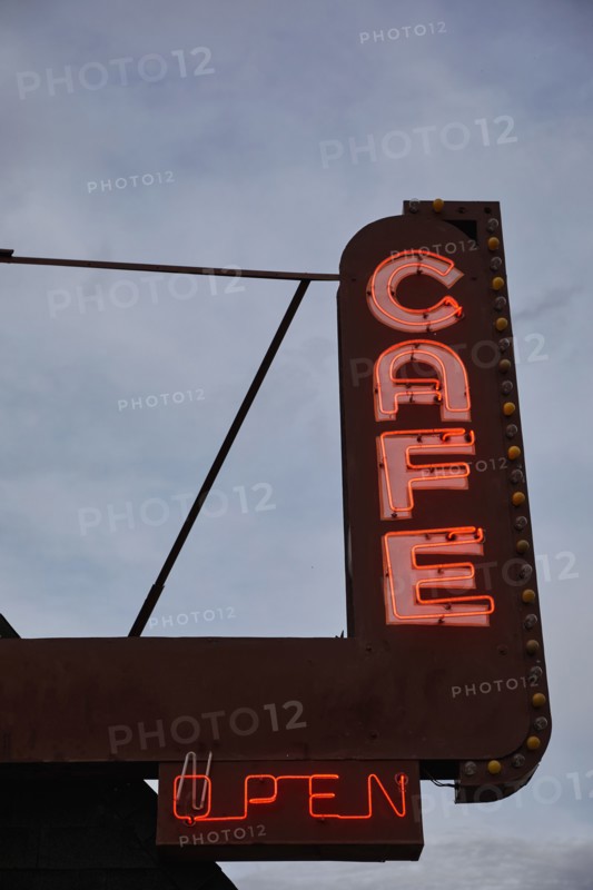 Low angle view of cafe neon sign on Route 66
