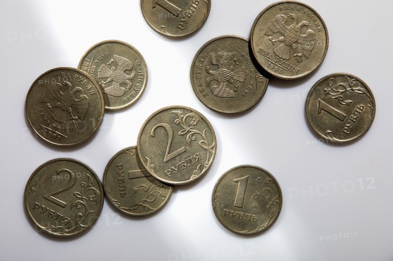 Overhead view of Russian Rubles on white background