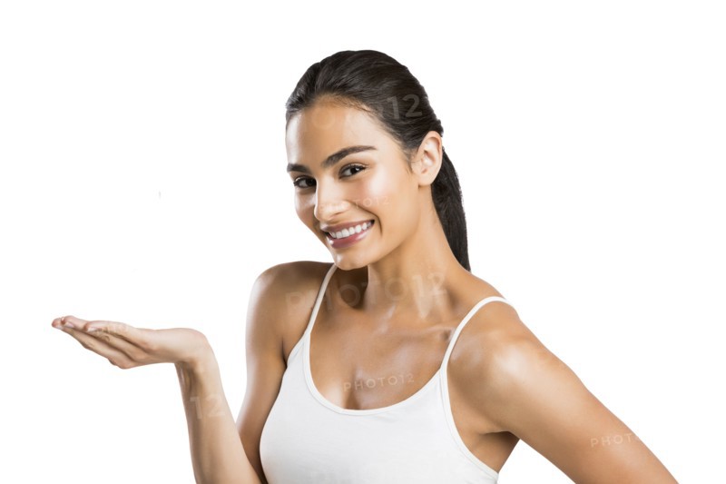 Portrait of smiling woman with cupped hand