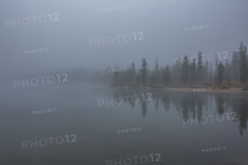 Fog over lake and forest in autumn
