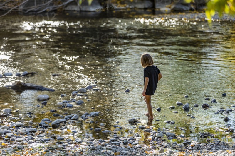 Girl exploring river shallows in summer