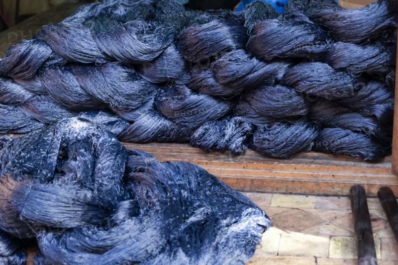 Skeins of agave silk freshly dyed in indigo