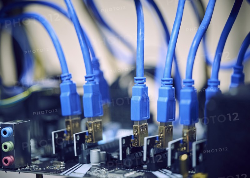 Close-up of computer cables in server room