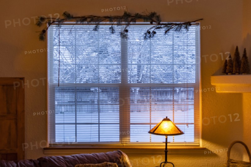 View from living room to snowy outdoors