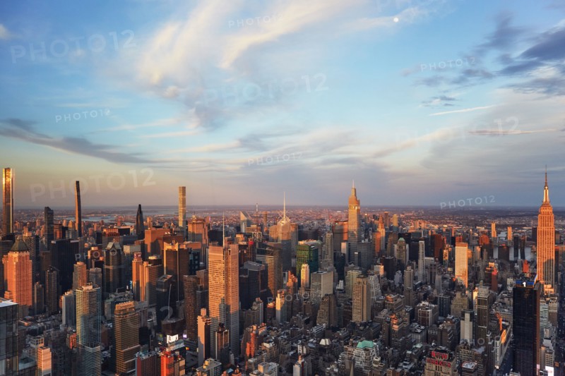 Aerial view of Manhattan skyscrapers at sunset