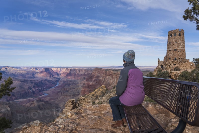 Rear view of female tourist sitting on bench in Grand Canyon National Park