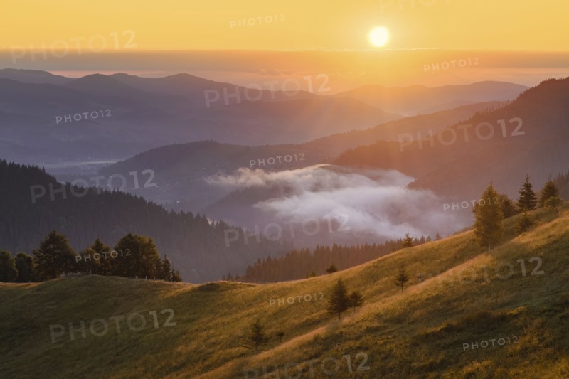 Rolling landscape in Carpathian Mountains at sunset