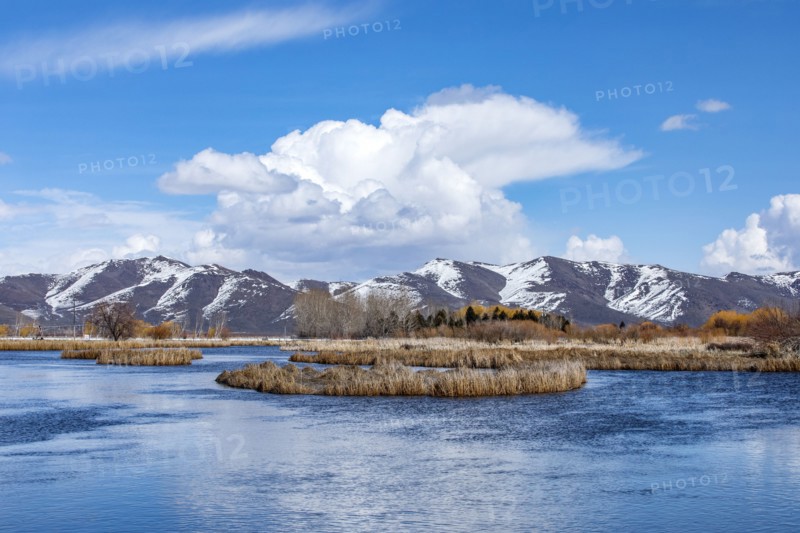 Puffy clouds above mountains and marsh