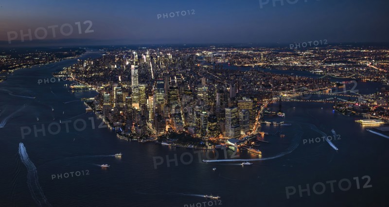 Aerial view of lower Manhattan illuminated at night