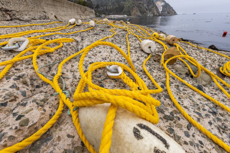 Nautical rope and buoys on sea coast