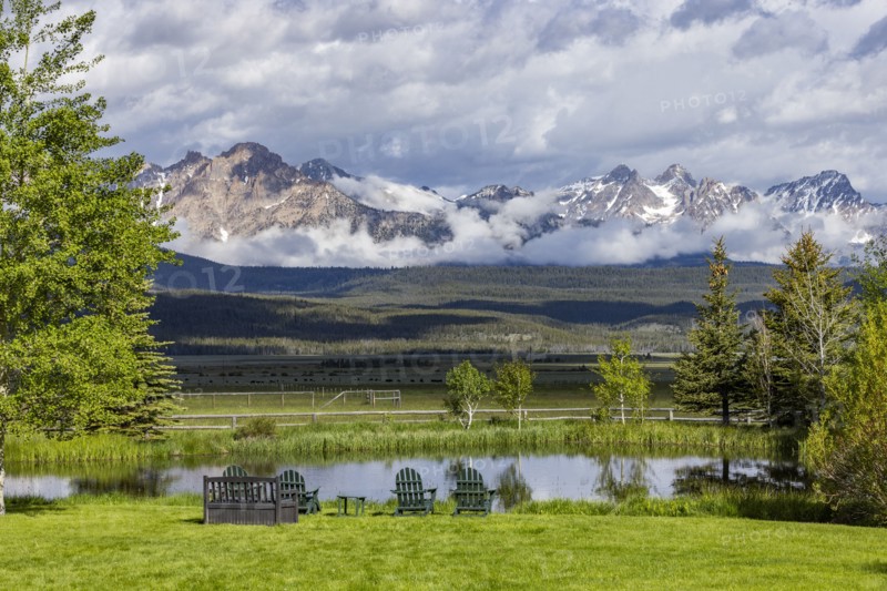 Scenic landscape with pond and Sawtooth Mountains