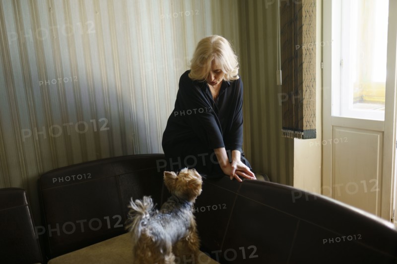 Woman looking at Yorkshire terrier standing on sofa in living room
