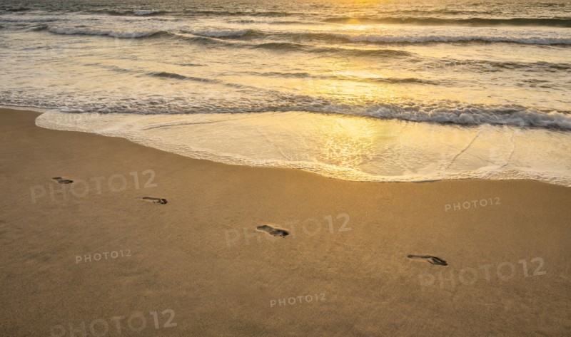 Footprints on sandy beach at sunset