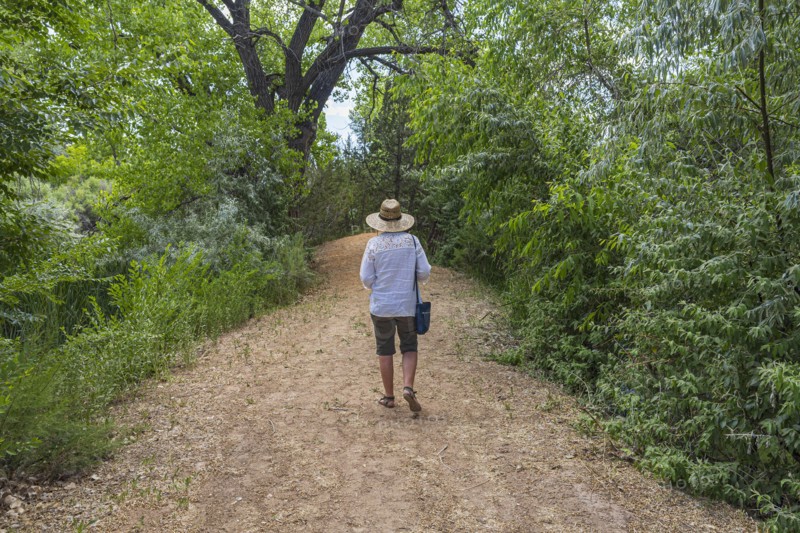 Rear view of woman walking on footpath in High Desert oasis