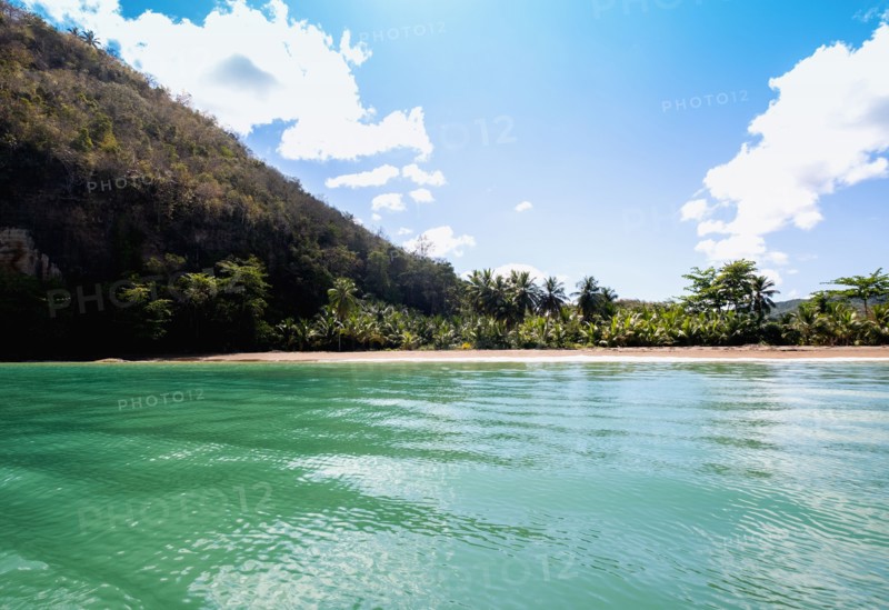 Turquoise water and hills on sunny day, , West Indies, St Lucia