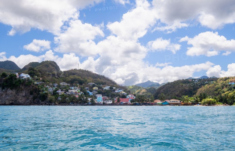 Fishing village in hilly landscape, , West Indies, St Lucia