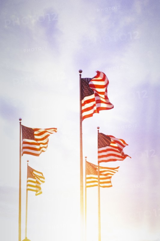American flags blowing on wind against sky at sunset, Jersey City, New Jersey, USA