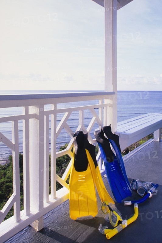 Pair of snorkel gear at Caribbean villa, St. John, United States Virgin Islands, USA