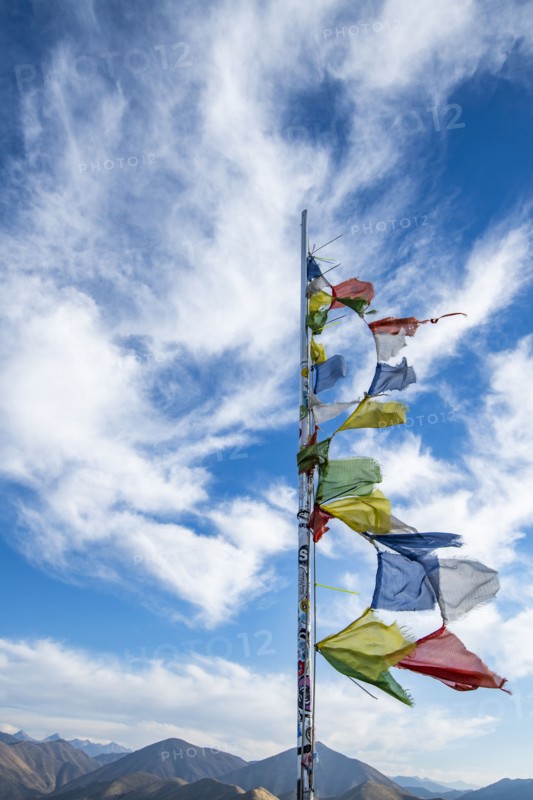 Prayer flags fluttering in wind atop Carbonate Mountain, Hailey, Idaho, USA