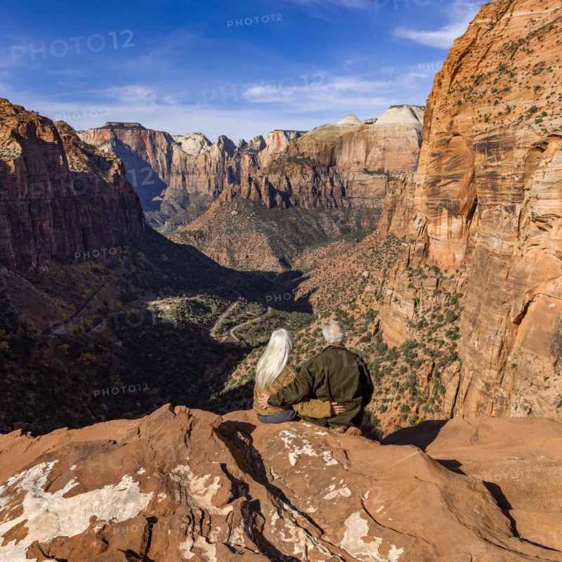 Rear view of senior couple looking at Zion Canyon from Zion Overlook, , Utah, USA