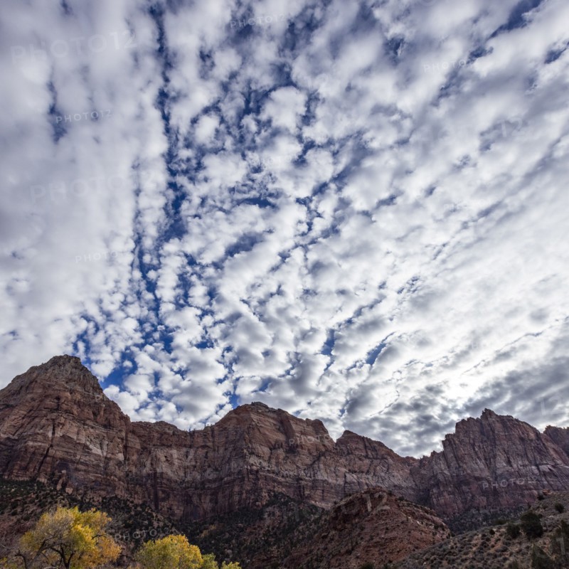 Textural clouds over rock formations in Zion National Park, , Utah, USA