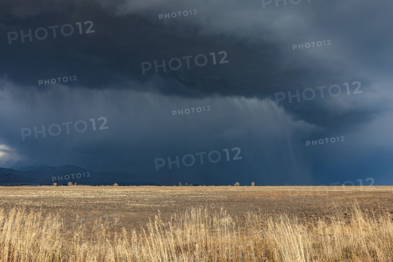 Dark storm clouds over field, Fairfield, Idaho, USA