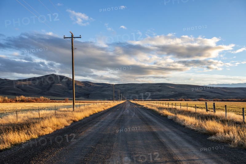 Empty dirt road crossing fields at sunset, Bellevue, Idaho, USA