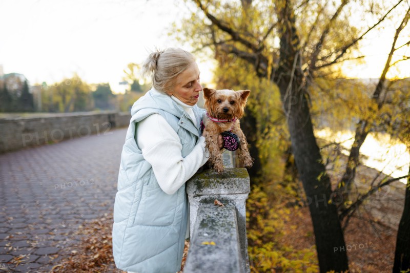 Woman with Yorkshire Terrier by river in autumn, Omsk, , Russia
