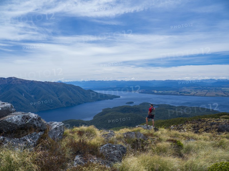 Hiker looking at fjord and mountains in Fiordland National Park, Te Anau, Fiordland, New Zealand