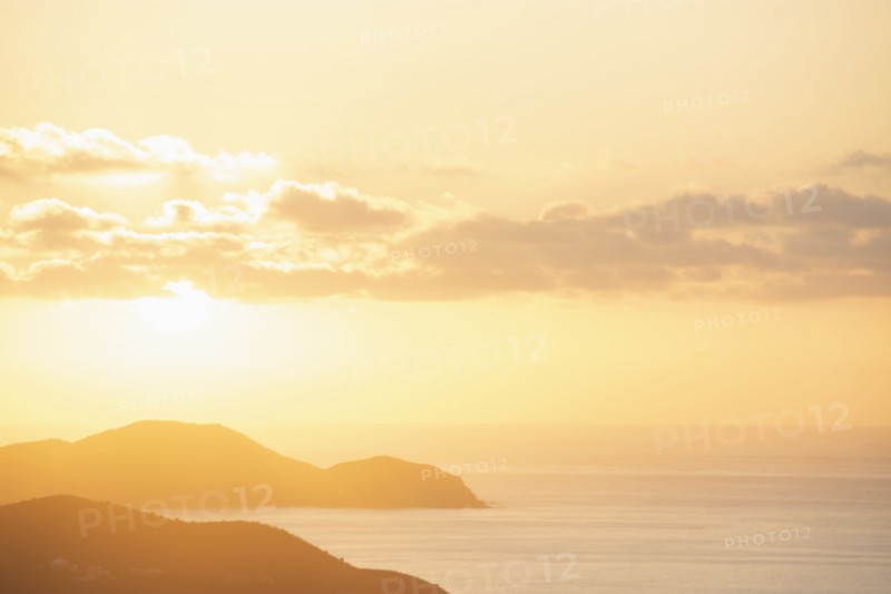 USA, United States Virgin Islands, St. John, Golden sunrise over calm Caribbean Sea, St. John, United States Virgin Islands, USA