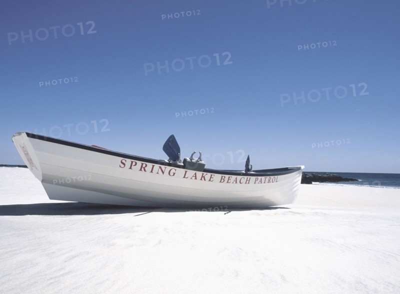 USA, NJ, Lifeguard boat on beach at Spring Lake, Spring Lake, New Jersey, USA