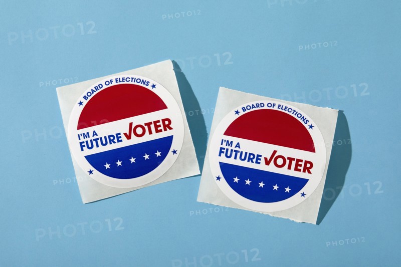 Future voter sticker on blue background, New York, New York, USA