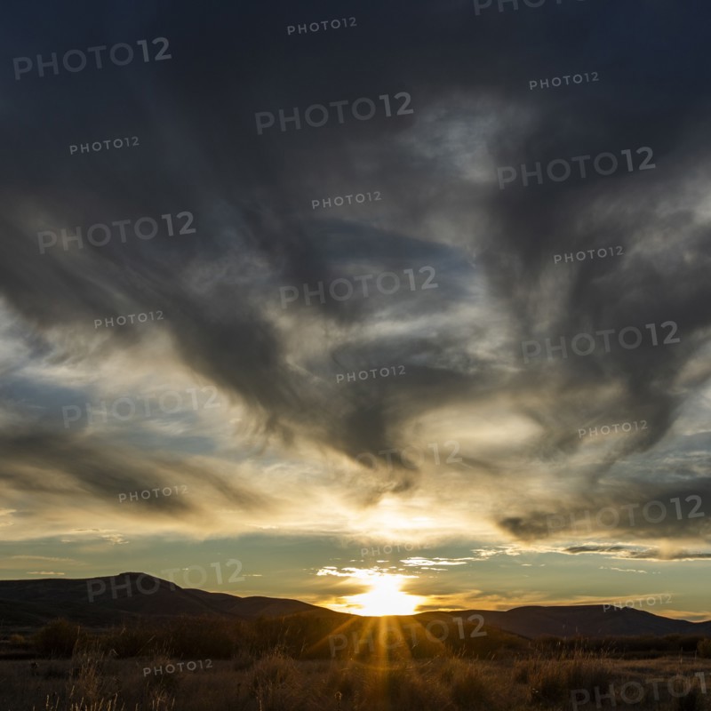 USA, Idaho, Bellevue, Dramatic sky over landscape at sunset, Bellevue, Idaho, USA