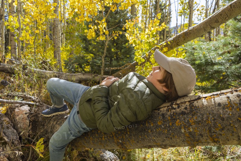 USA, New Mexico, Smiling boy lying on log in Santa Fe National Forest, Santa Fe, New Mexico, USA