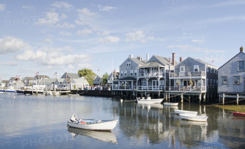 USA, Massachusetts, Nantucket, Boats and waterfront buildings in Old North Wharf, Nantucket, Massachusetts, USA