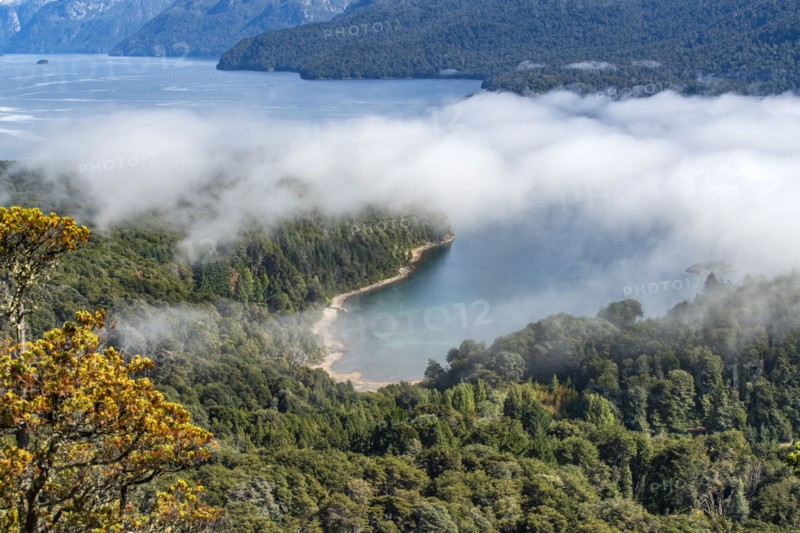 Low hanging clouds over mountain lake, Bariloche, , Argentina