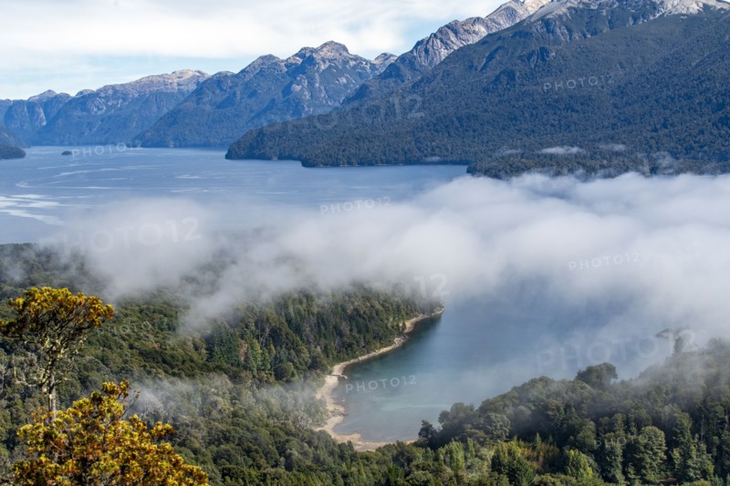 Low hanging clouds over mountain lake, Bariloche, , Argentina