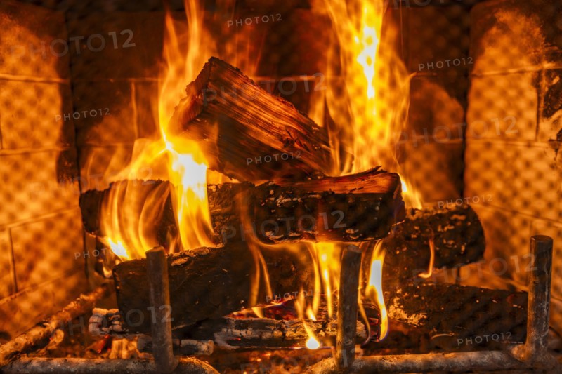 Close-up of robust fire in residential fireplace, Bellevue, Idaho, USA