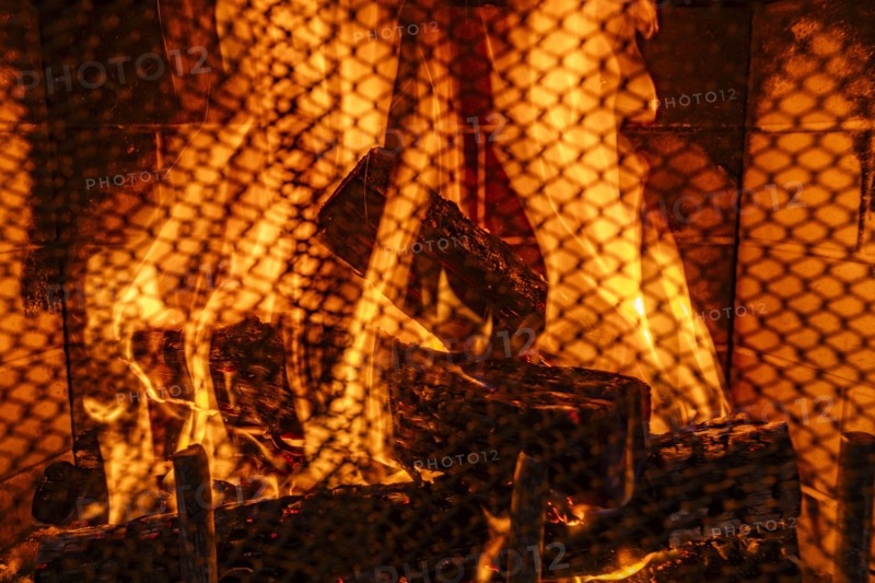Close-up of robust fire in residential fireplace, Bellevue, Idaho, USA