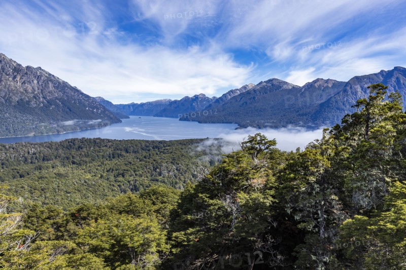 Mountain lakes with green trees in foreground, Bariloche, , Argentina