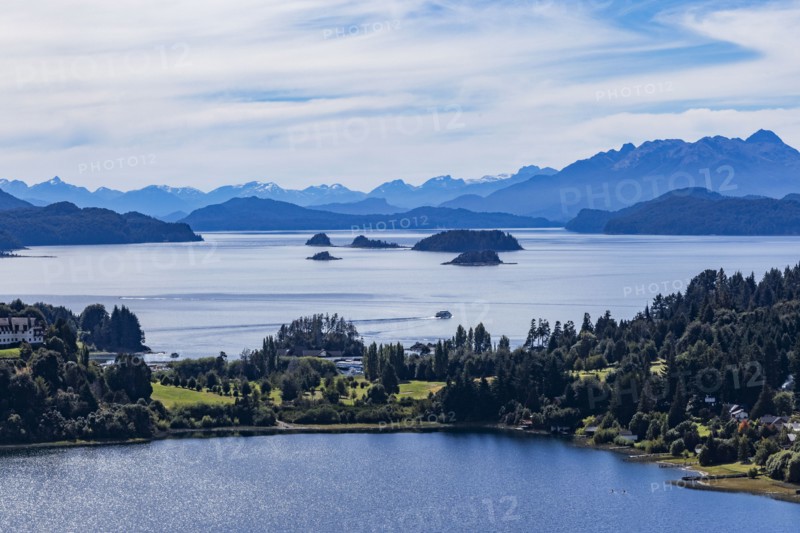 High angle view of mountain lakes and forests on summer day, Bariloche, , Argentina