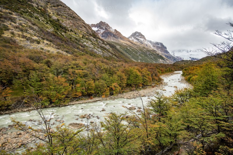 Argentina, Santa Cruz, El Chalten, Electrico River and mountains in Autumn, El Chalten, Santa Cruz, Argentina