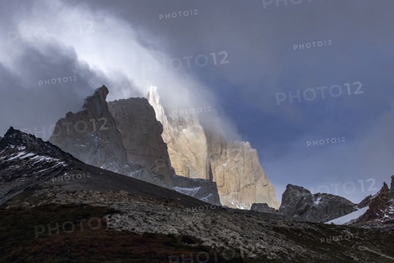 Argentina, Santa Cruz, El Chalten, North side of Fitz Roy massif in clouds, El Chalten, Santa Cruz, Argentina