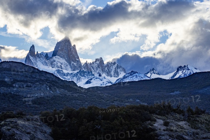 Argentina, Santa Cruz, El Chalten, Clouds above Fitz Roy massif at sunset, El Chalten, Santa Cruz, Argentina